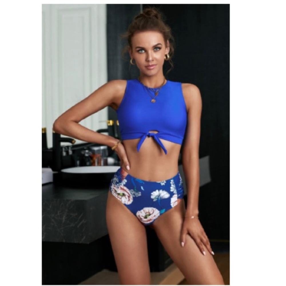 Blue White Floral High Waist Knot Front Bikini Set